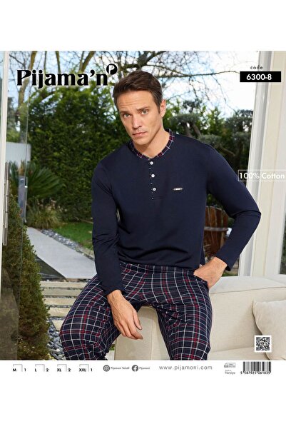 Pijamoni Lacivert Renkli Pamuklu Uzun Kollu Erkek Pijama Takımı