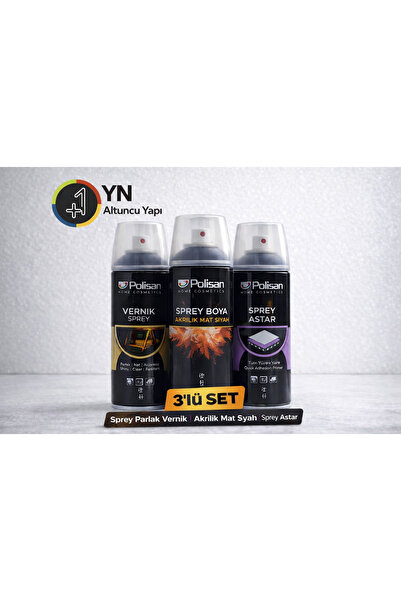 Polisan Sprey Boya 3’lü Set - Akrilik Mat Siyah-Sprey Parlak Vernik-Sprey Astar