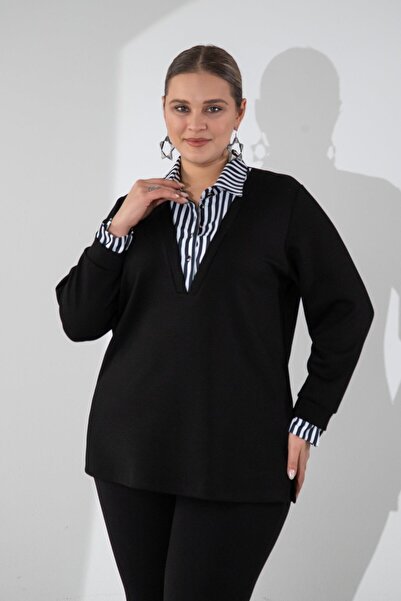 Roxxlen Γυναικείο πουκάμισο μεγάλου μεγέθους με λεπτομέρειες, μπλούζα σε μαύρ...