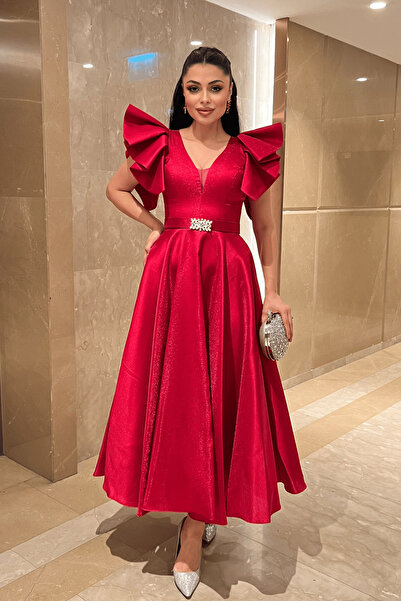 giyimmasalı Taffeta Fabric Shoulder Flared Midi Dress - Red