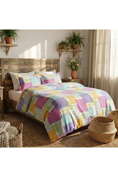 Pucioasa 100% cotton satin double bed linen, 4 pieces, Pastel Checks