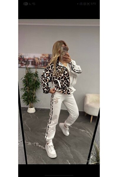 RED WOMAN FASHİON طقم علوي وسفلي من قماش الساتان بنقشة الفهد مع سحاب إغلاق وح...