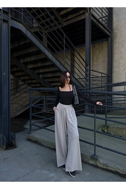 DENİKK Trend Elastic High Waist Pleated Pocket Soft Textured Wide Leg Loose F...