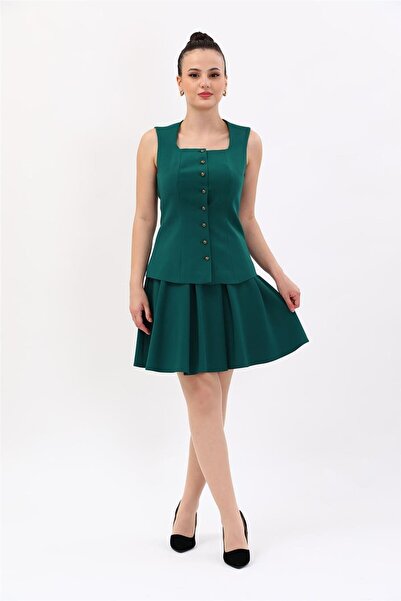 ÖNDER ÖZSOY Square Neck Buttoned Modern Vest & Short Pleated Flared Skirt Wom...