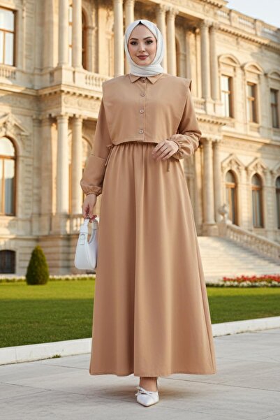 hafsamina Bolerolu Beli Lastikli Tesettür Elbise Camel HM262756