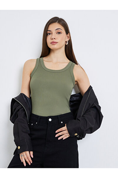 Styli Women Olive Ribbed Sleeveless Knit Top