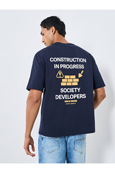 Styli Men Navy Blue Graphic Print Oversized T-Shirt