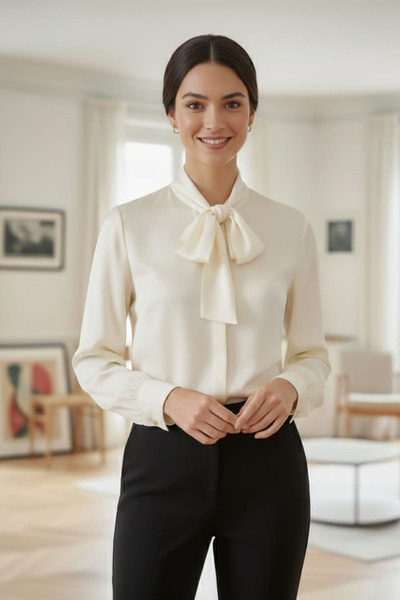 Pure Silk Atelier %100 Saf İpek Bağlama Yakalı Fularlı Gömlek - Lüks Premium ...