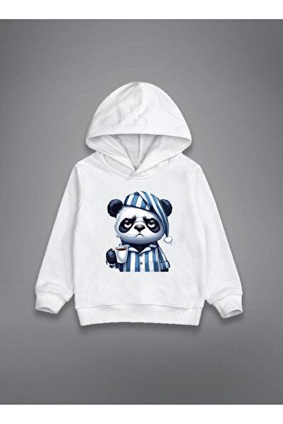 MODA سويت شيرت بقلنسوة للأطفال باللون الأبيض من Sleepy Panda مطبوع