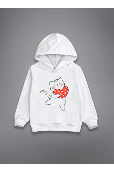 MODA سويت شيرت بقلنسوة للأطفال باللون الأبيض من كات كات مطبوع