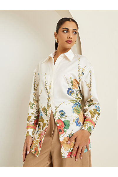 Styli Women Floral Print Satin Longline Shirt