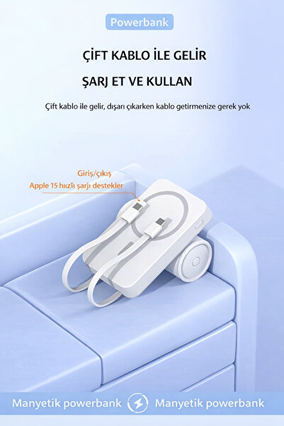 qasul 10000 mAh Manyetik Powerbank Kablosuz + Lightning & Type-C Kablolu Standlı Taşınabilir Şarj Aleti
