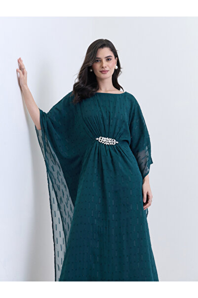 Styli Women Teal Chiffon Embellished Kaftan Maxi Dress