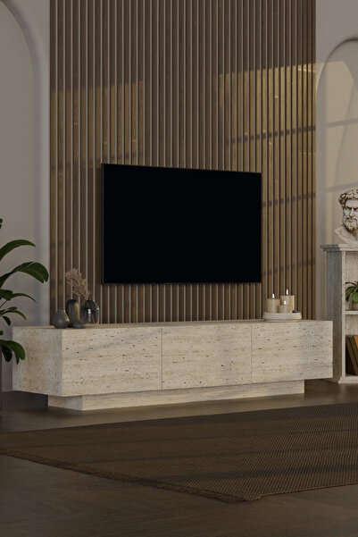 webotto 8 AlmadDouble Tv Ünitesi Modern Uçan Tv Sehpası 6 kapaklı 260cm Traverten Desen