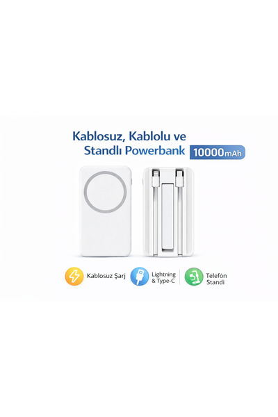 qasul 10000 mAh Manyetik Powerbank Kablosuz + Lightning & Type-C Kablolu Standlı Taşınabilir Şarj Aleti