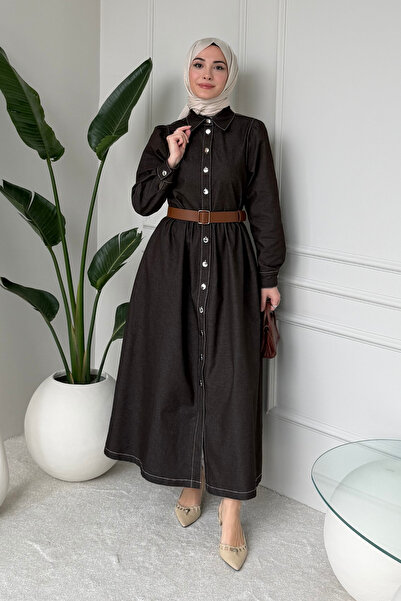 Tesettür Diyarı Rochie Tesettür din denim cu nasturi și curea, model Laris - ...