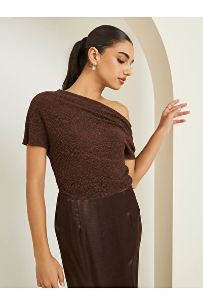 Styli Women Brown Asymmetric Neck Knit Top