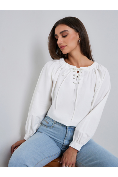 Styli Women White Long Sleeve Lace-Up Blouse