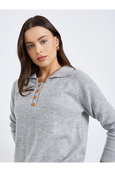 Styli Women Grey Polo Collar Knit Sweater