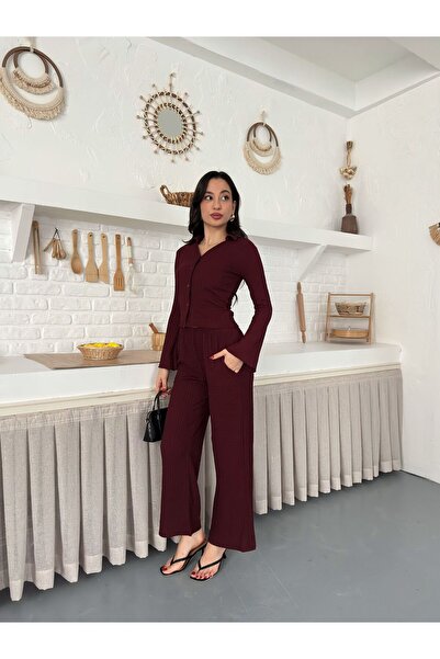 Nazline Women's Front Buttoned Collared Top and Bottom Set