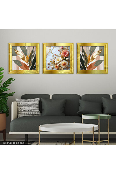 Evinemoda Leaves and Rose 3 Piece Gold Plexi Mirrored Framed Painting