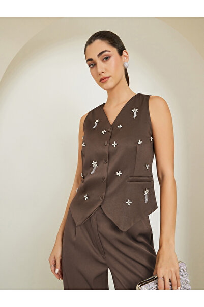 Styli Women Brown Embellished Sleeveless Waistcoat