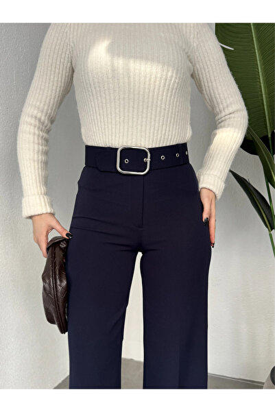 Lila Moda Pantaloni din material textil cu talie înaltă și picior larg, cu curea