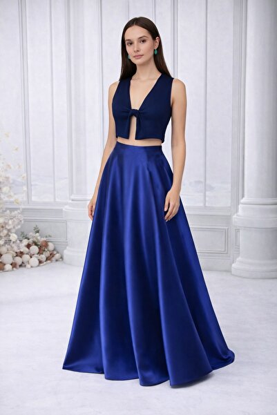 MadyaButik Women's Cobalt Blue Pocketed Ribbed Kiloş Skirt