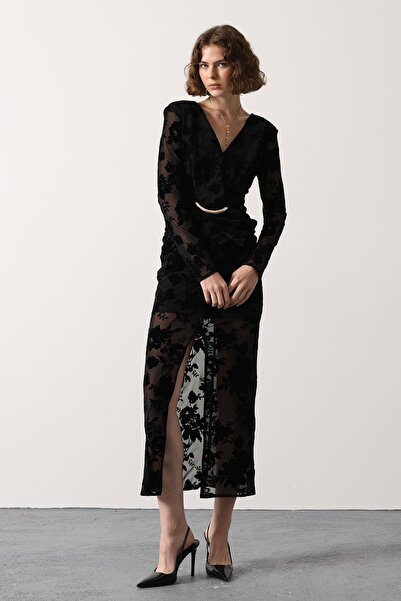 vuvutasarım Slit Flocked Gold Detailed V-Neck Women's Midi Dress 35541