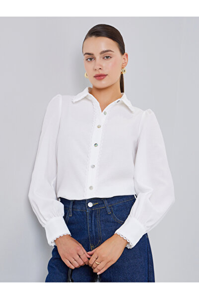 Styli Women White Lace Trim Long Sleeve Shirt