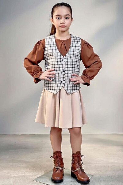 Riccotarz Girl's Peter Pan collar Brown Sweater with Elastic Ankles, Plaid De...