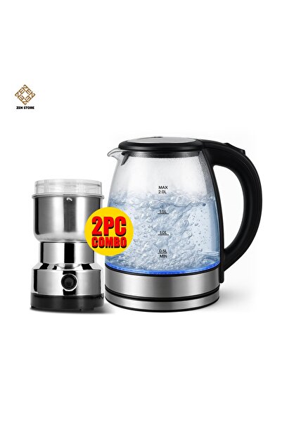 Zen Store طقم مكون من قطعتين: غلاية كهربائية زجاجية بسعة لترين ومطحنة قهوة صغ...