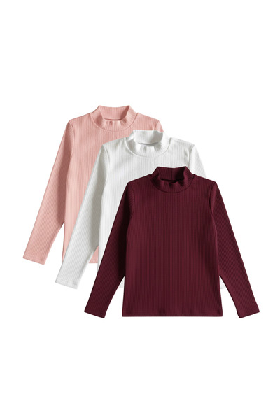 Shifre Yarım Balıkçı Yaka Çocuk Body 3'lü Set Pembe Beyaz Bordo