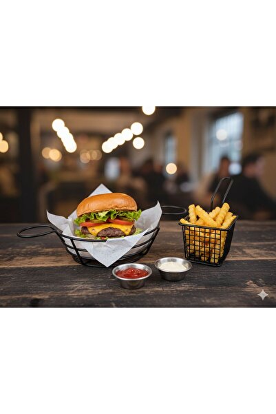 Egem Home Black Metal Round Small Fast Food Serving Basket French Fries Hambu...