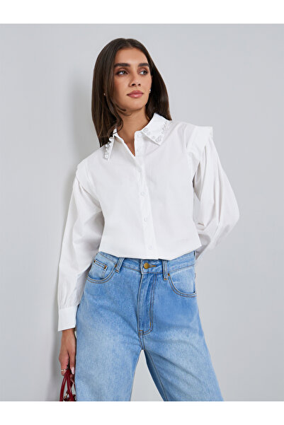 Styli Women White Pearl Collar Oversized Shirt