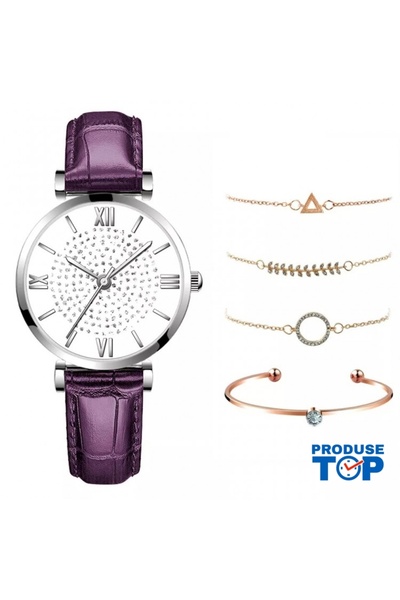 QUARTZ Ladies Watch with Eco Leather Purple Strap and Set of 4 Golden Bracele...