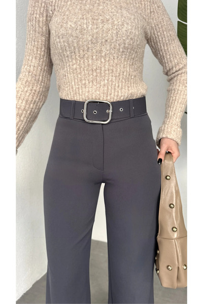 Lila Moda Belted High Waist Wide Leg Fabric Trousers