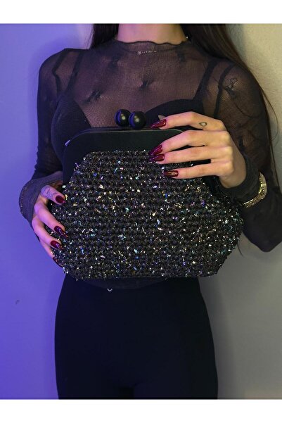 Aysa Çanta ve Aksesuar Simli El Örgüsü Clutch Çanta - Siyah Top Kilitli
