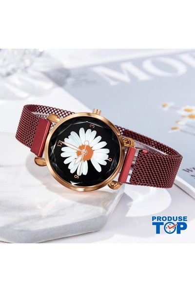 QUARTZ Ceas elegant de damă roșu cu margaretă și brățară magnetică reglabilă