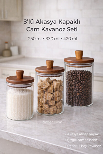 Mottogo Acacia Lid Striped Glass Mini Storage Jar – 250 ml / 330 ml / 420 Ml,...