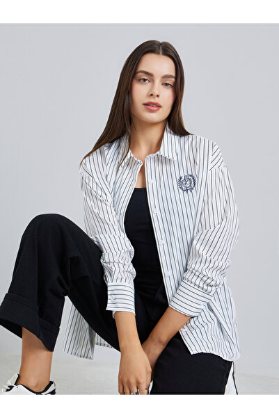 Styli Women Striped Embroidered Oversized Shirt