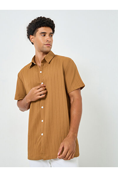 Take Two By Styli Men Coffee Brown Textured Short Sleeve Shirt