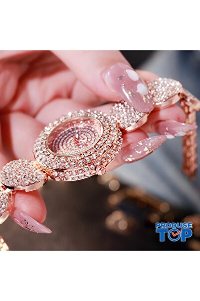 Geneva Elegant Golden-Rosy Women's Watch with Metal Bracelet and Rhinestones ...