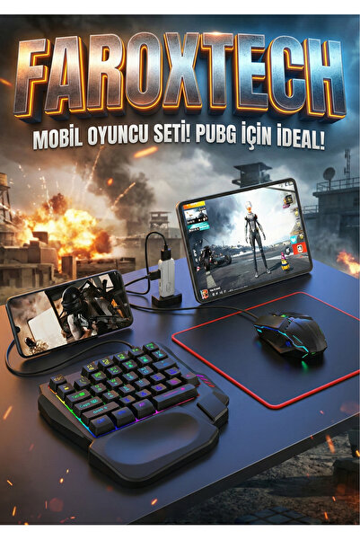 FaroxTech Mobil Oyuncu Seti Tek El Klavye Mouse Dönüştürücü Pubg Mobile Uyuml...