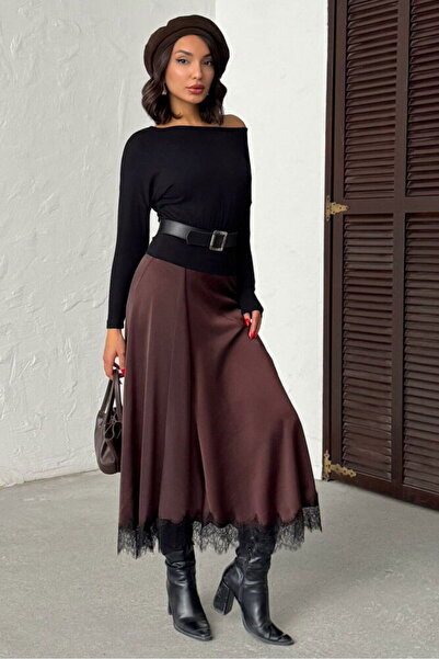 TOPSHOW Lace Detailed Satin Skirt Brown