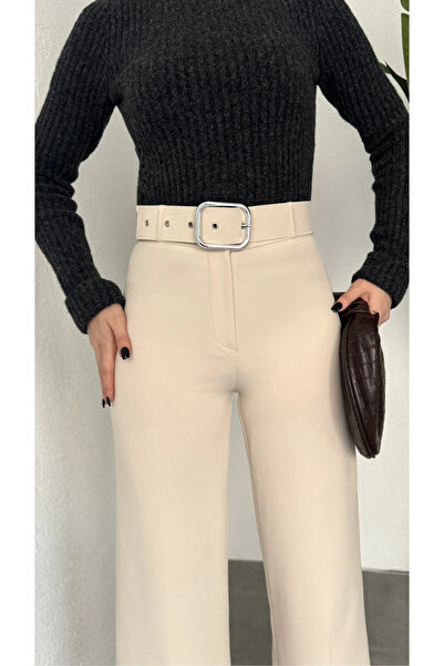 Lila Moda Kemerli Yüksel bel Geniş Paça Kumaş Pantolon