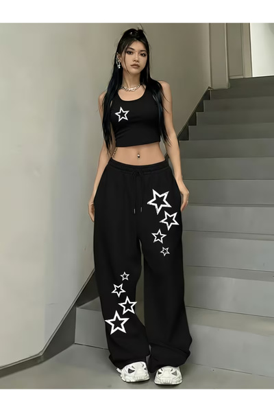 Keywest Γυναικείο Σετ Φόρμας Star με τύπωμα Crop - Φαρδιά Παντελόνια