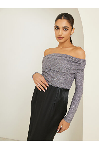 Styli Women Grey Shimmer Off Shoulder Top
