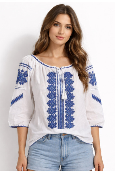 Nobrand Traditional White Dress with Blue Geometric Embroidery, 3/4 Sleeves, ...