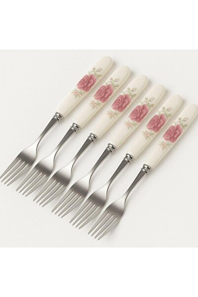 OEM Set of 6 stainless steel forks with porcelain handle, elegant floral pattern